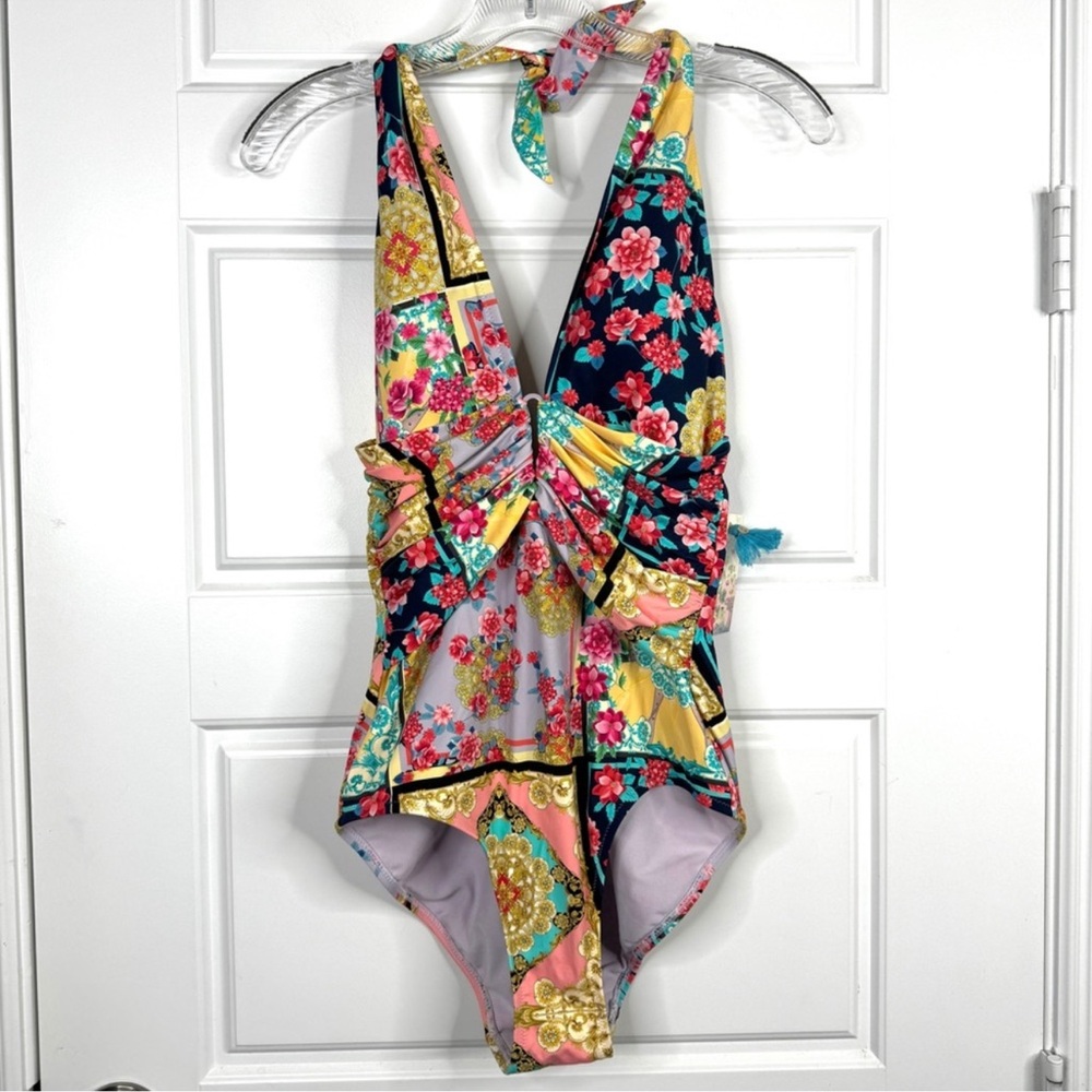 JOHNNY WAS Japer NEW Floral Halter Plunge One Piece Swimsuit NEW Size XL